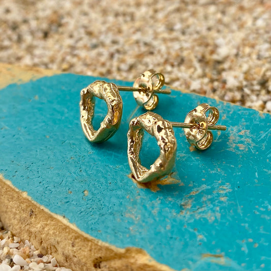 Cornish Seawater Textured Organic Heart Gold Stud Earrings