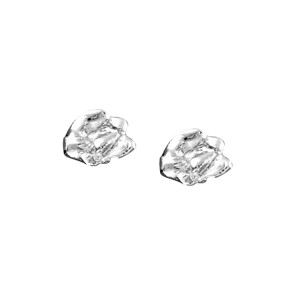 Cornish seawater cast rippled oval sterling silver UK handmade stud earrings. Ceated in Cornwall by designer Joseph Lamsin Jewellery