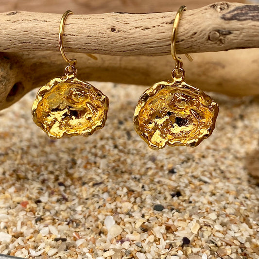 Cornish Seawater Textured Rippled Gold Organic Drop Earrings