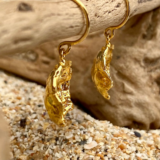 Cornish Seawater Textured Rippled Gold Organic Drop Earrings