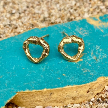 Cornish Seawater Textured Organic Heart Gold Stud Earrings