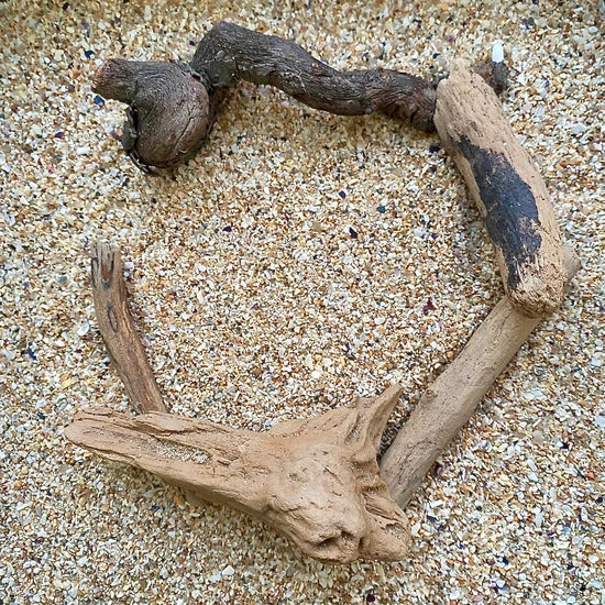 Driftwood fragments, carried ashore by the tide, arranged in a circular hoop formation on the sandy shores of a beach in Cornwall.