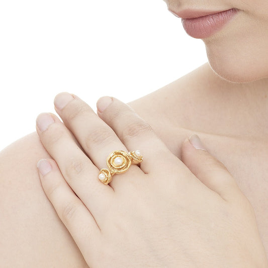 Cornish Seawater Textured Organic Pearl Gold Cocktail Ring