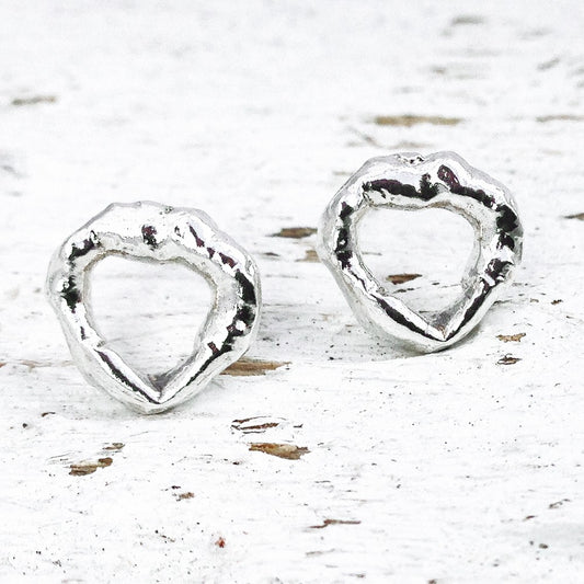 Cornish Seawater Textured Organic Heart Stud Earrings