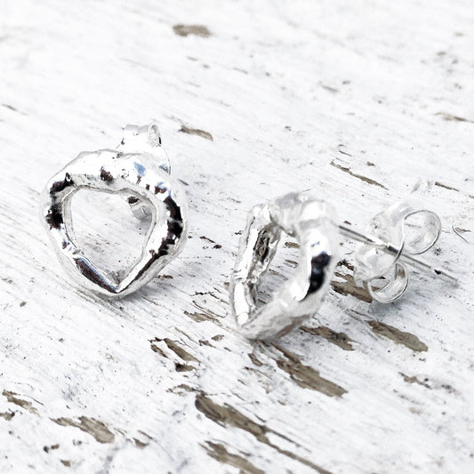 Cornish Seawater Textured Organic Heart Stud Earrings