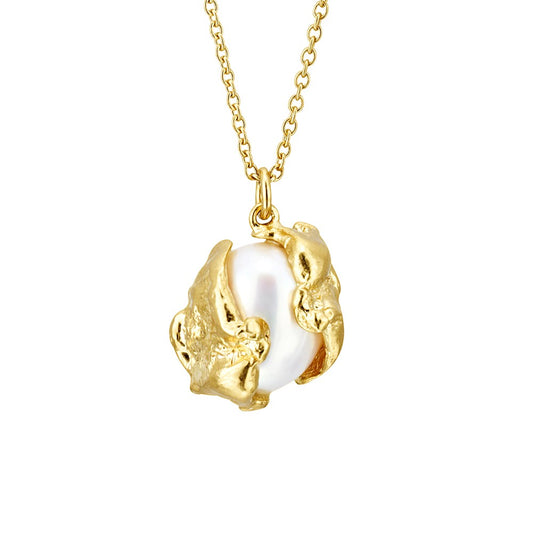 Cornish Seawater Textured Organic Encased Oval Pearl Gold Necklace